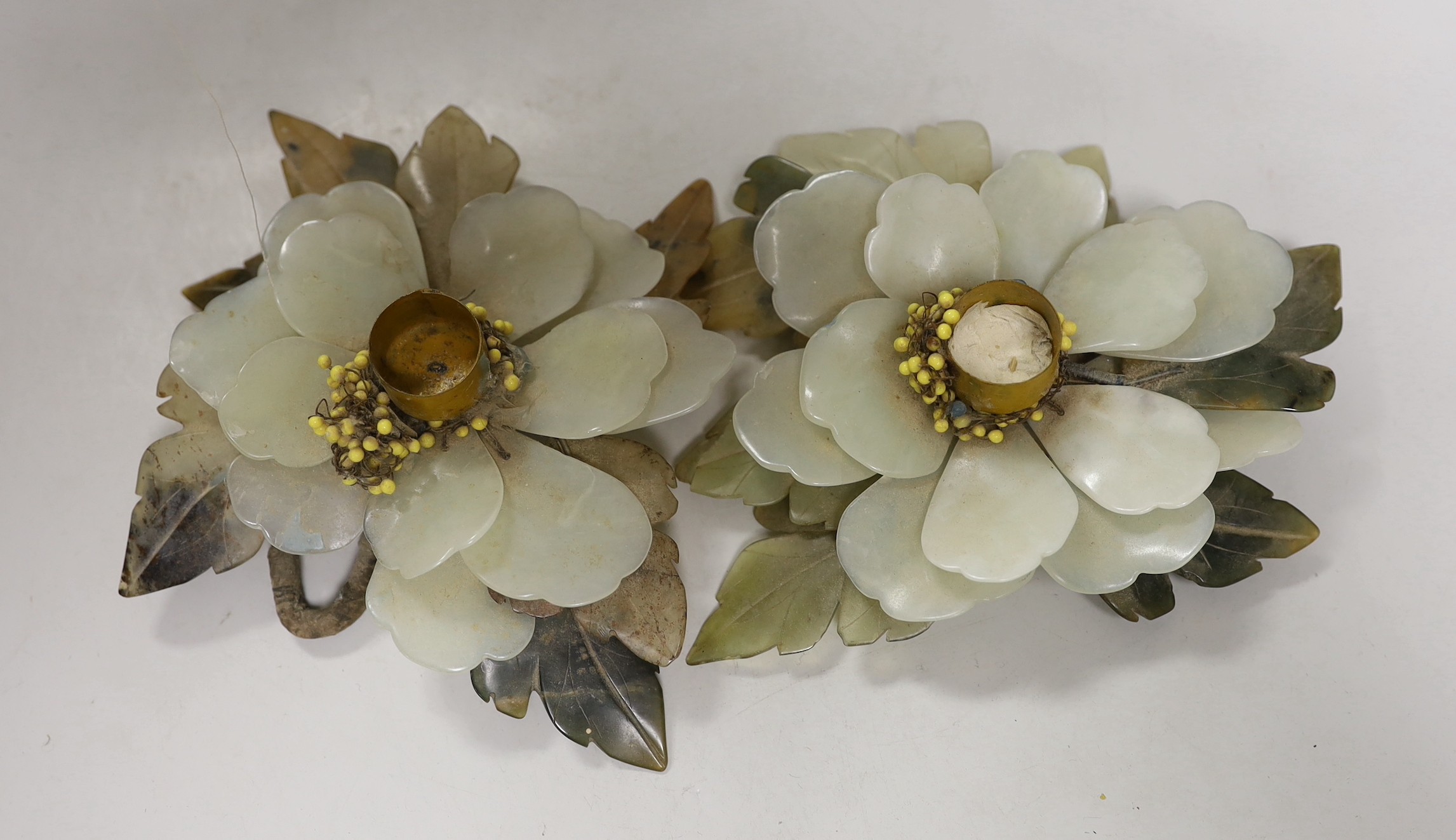 Two Chinese hardstone trees and a pair of similar sconces
